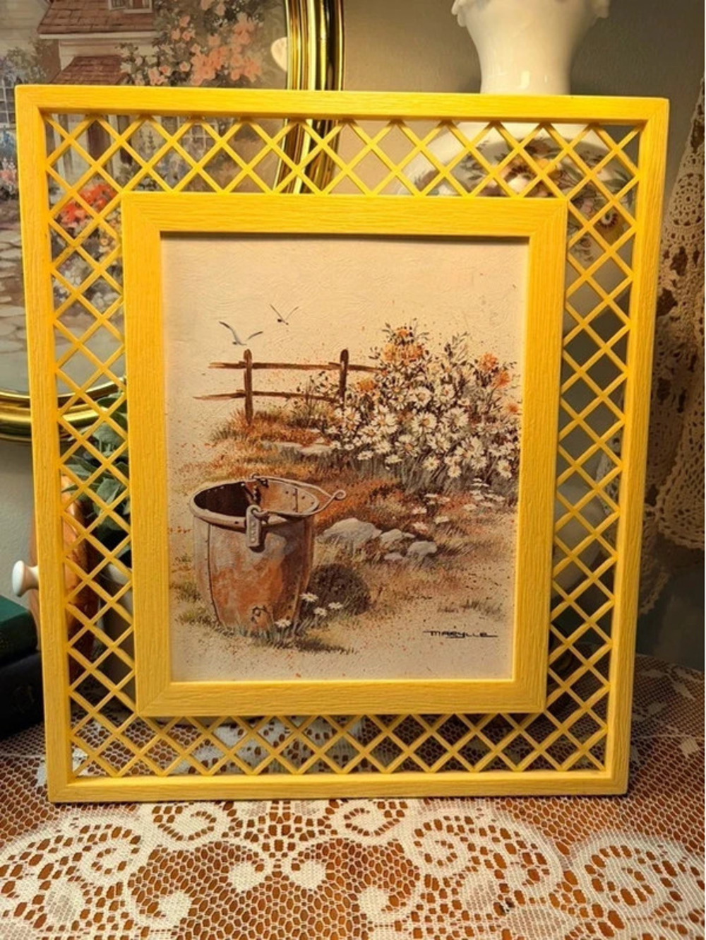 Vintage Yellow Lattice Frame Rustic Daisy Garden Wall Art Signed Marylle